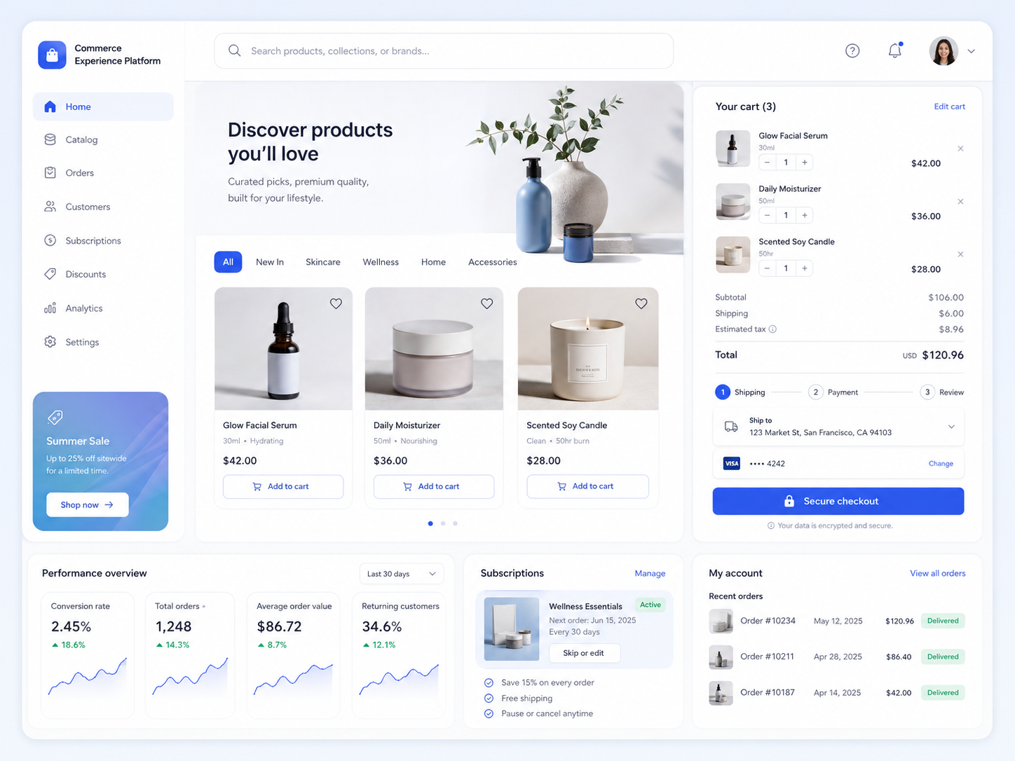 Commerce experience platform storefront with mobile checkout, subscription billing, and customer account dashboard.